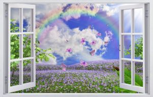 Фотообои Распахнутое окно в поле с радугой