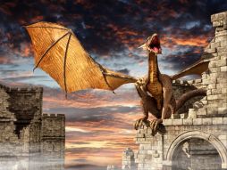 Фотообои Летающий дракон над руинами замка