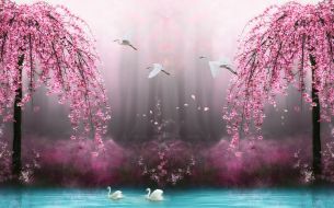Фреска Лебеди в розовом лесу