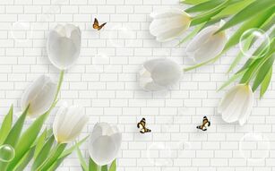 Фотообои Тюльпаны на фоне кирпичной стены
