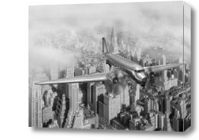 Картина Самолет на городом в черно-белом цвете