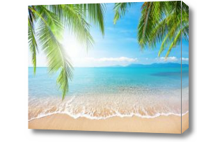 Картина море, пляж, листья пальмы